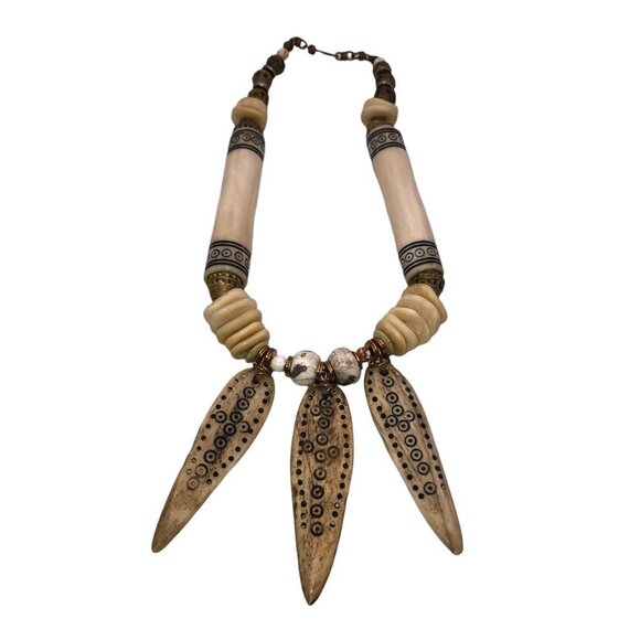 Dramatic Ethiopian Bone Amulets Talismans Bone Wooden Beads Ethnic Necklace - Picture 1 of 8